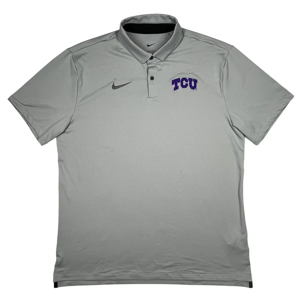 Nike TCU Polo Mens Large Grey Dri-FIT Short Sleeve Embroidered Horned Frogs Logo